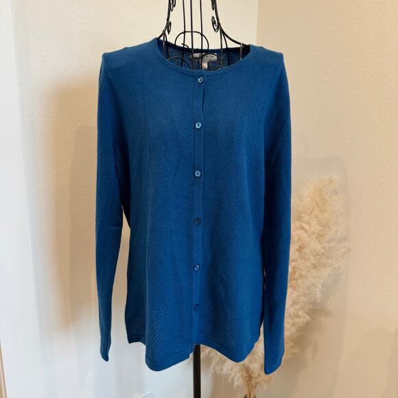 Nordstrom 100% Cashmere Cardigan Sweater Large Blue Crewneck Soft - Picture 4 of 10